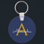 Llavero Navy Blue Gold Modern Script Girly Monograma Nombr<br><div class="desc">Cadenas clave de nombres de monograma simple de guion azul y dorado (cadena de claves). Esto hace que el dulce perfecto cumpleaños 16,  boda,  ducha de novia,  aniversario,  ducha de bebé o fiesta de soltera sea regalo para alguien que ama el lujo glam y los estilos de moda.</div>