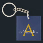Llavero Navy Blue Gold Modern Script Girly Monograma Nombr<br><div class="desc">Cadena de claves de nombres de monograma con escritura simple azul marino y oro. Esto hace que el dulce perfecto cumpleaños 16,  boda,  ducha de novia,  aniversario,  ducha de bebé o fiesta de soltera sea regalo para alguien que ama el lujo glam y los estilos de moda.</div>