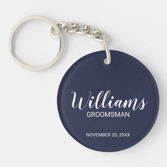 Llavero Navy Blue Modern Script Personalizado Groomsman (Frente)