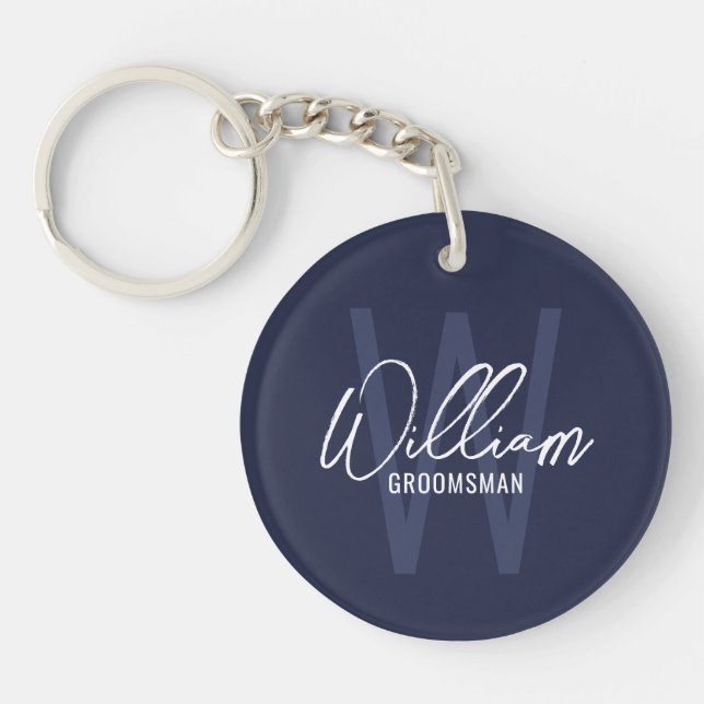 Llavero Navy Blue Modern Script Personalizado Groomsmen (Frente)