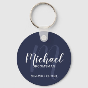 Llavero Navy Blue Modern Script Personalizado Groomsmen