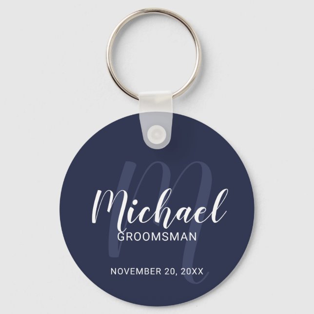 Llavero Navy Blue Modern Script Personalizado Groomsmen (Anverso)