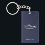 Llavero Navy Blue Modern Script Personalizado Groomsmen<br><div class="desc">Modern Script Personalized Groomsmen Keychain presenta el nombre de un groomman personalizado en estilo de letra de escritura blanco moderno con título y fecha boda en modernos sans serif estilo de fuente sobre fondo azul marino. También perfecto para la empleada de honor, la niña flor, la madre de la novia,...</div>