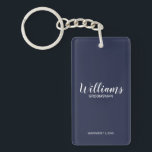 Llavero Navy Blue Modern Script Personalizado Groomsmen<br><div class="desc">Modern Script Personalized Groomsmen Keychain presenta el nombre de un groomman personalizado en estilo de letra de escritura blanco moderno con título y fecha boda en modernos sans serif estilo de fuente sobre fondo azul marino. También perfecto para la empleada de honor, la niña flor, la madre de la novia,...</div>