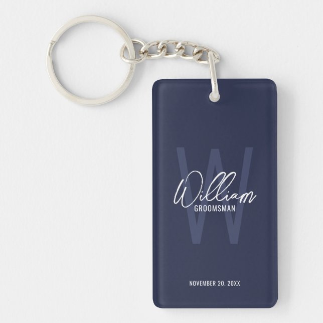 Llavero Navy Blue Modern Script Personalizado Groomsmen (Frente)