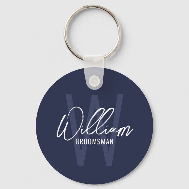 Llavero Navy Blue Modern Script Personalizado Groomsmen (Anverso)