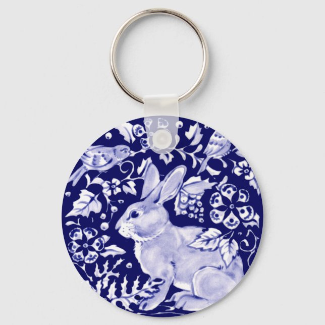 Llavero Navy Blue Rabbit Bunny Bird Floral Dedham Delft (Anverso)