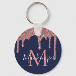 Llavero Navy Blue Rose Gold Faux Glitter Drips Monogram