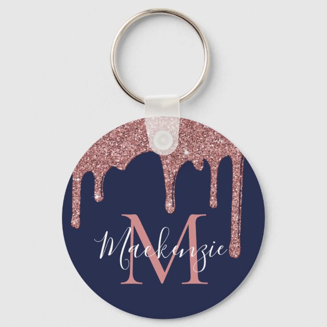Llavero Navy Blue Rose Gold Faux Glitter Drips Monogram (Anverso)