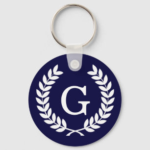 Llavero Navy Blue Wheat Laurel Wreath Monograma inicial