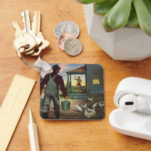 Llavero Negocio Antiguo, Granja con Granjero y Gallinas