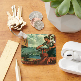 Llavero Negocio vintage, barco petrolero con trabajador po