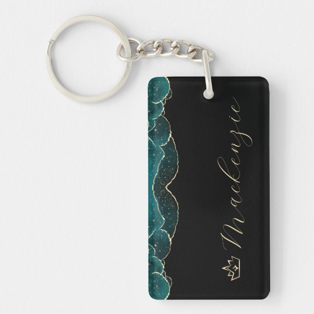 Llavero Negro, Azul Teal y Dorado Script Elegante Personal (Frente)