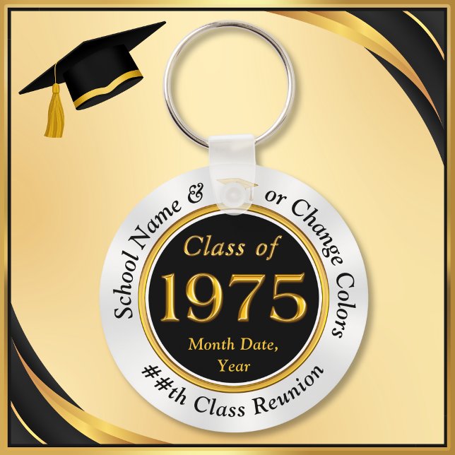 Llavero Negro, oro, blanco, clase de ideas de Reunión de 1 (Class of 1975 Reunion, party favors, souvenirs and inexpensive class reunion gifts. Black and Gold.)