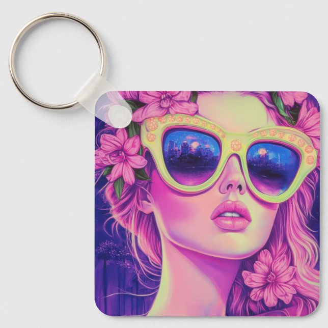 Llavero Neon Dream Chica con gafas de sol florales (Anverso)