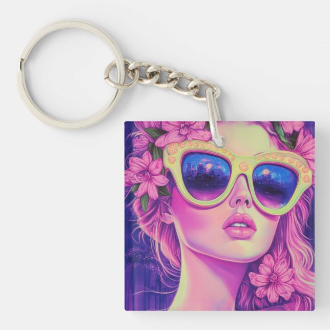 Llavero Neon Dream Chica con gafas de sol florales (Frente)
