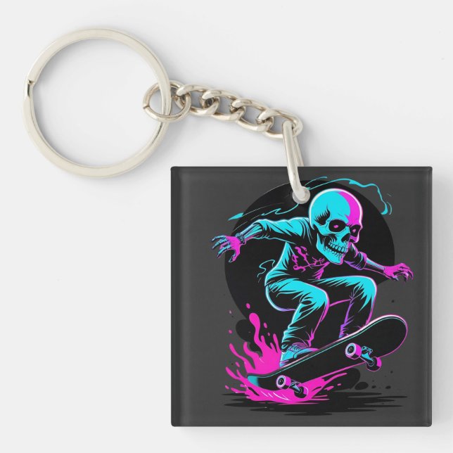 Llavero Neon Skull Skateboard Art - Diseño Edgy Skater (Frente)
