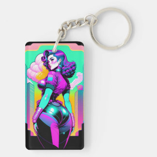 Llavero Neon Vaporwave Pinup Chica Keychain acrílico