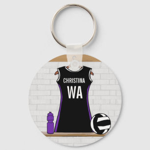 Llavero netball personalizado en blanco y negro