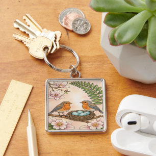 Llavero Nido de Robin de Primavera & Diseño Botánico de Ma