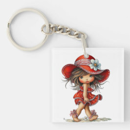 LLAVERO NIÑA ADORABLE CON TEMA DE VERANO VESTIDA DE ROJO