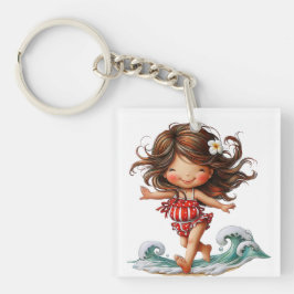LLAVERO NIÑA ADORABLE CON TEMA DE VERANO VESTIDA DE ROJO