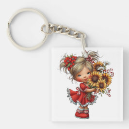 LLAVERO NIÑA ADORABLE CON TEMA DE VERANO VESTIDA DE ROJO