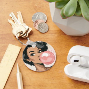 Llavero Niña Soplando Burbuja de Chicle Rosa Divertida Lin
