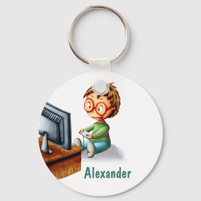 Llavero Niño con gafas jugando videojuegos personalizados (Anverso)