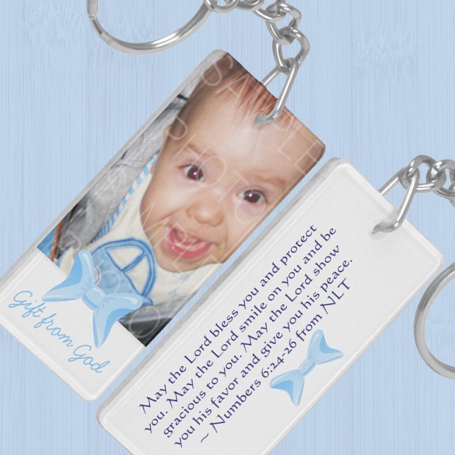 Llavero Niño: Tu regalo fotográfico del verso de la Biblia (Baby boy Photo Gift from God Blue bow Bible verse Keychain by PLdesign, customize your image, text)