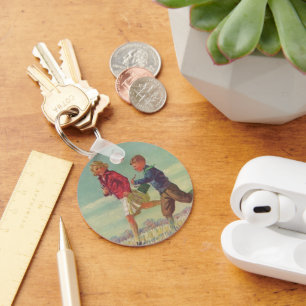 Llavero Niños antiguos corriendo a la escuela llevando lib