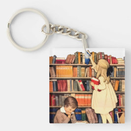 Llavero Niños Antiguos Leyendo Libros de Biblioteca