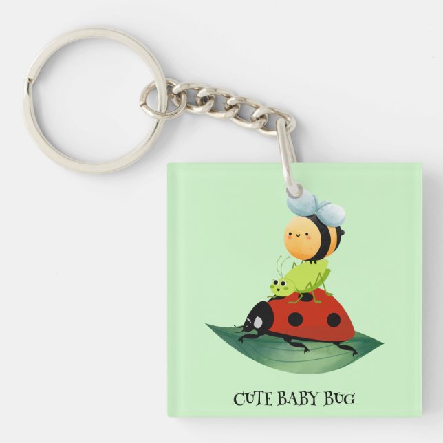 Llavero Niños Cute Red ladybug Bee insecto sobre hojas ver (Frente)