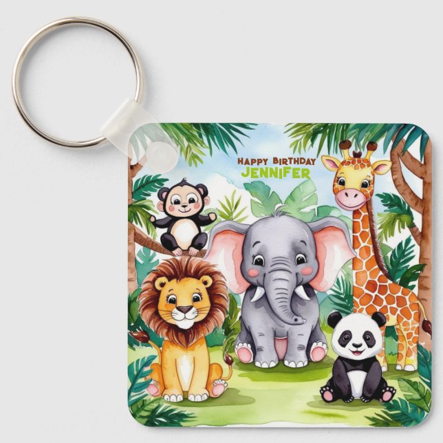 Llavero Niños Fiesta de Cumpleaños Cute Animales Selva Saf (Anverso)