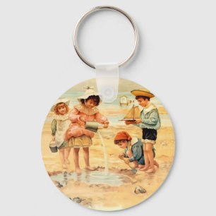 Llavero Niños Victorianos Antiguos en la Playa Arte Fino