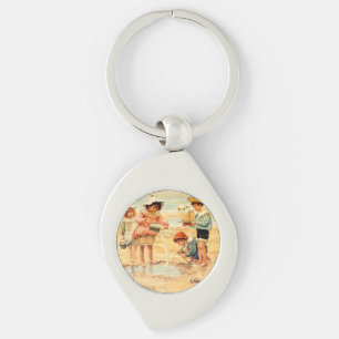 Llavero Niños Victorianos Antiguos en la Playa Arte Fino