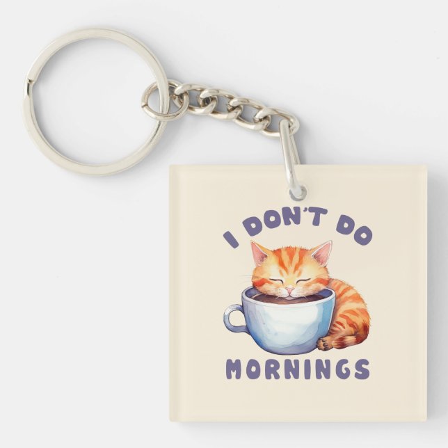 Llavero No hago mañanas - un gato Naranja con café. (Frente)