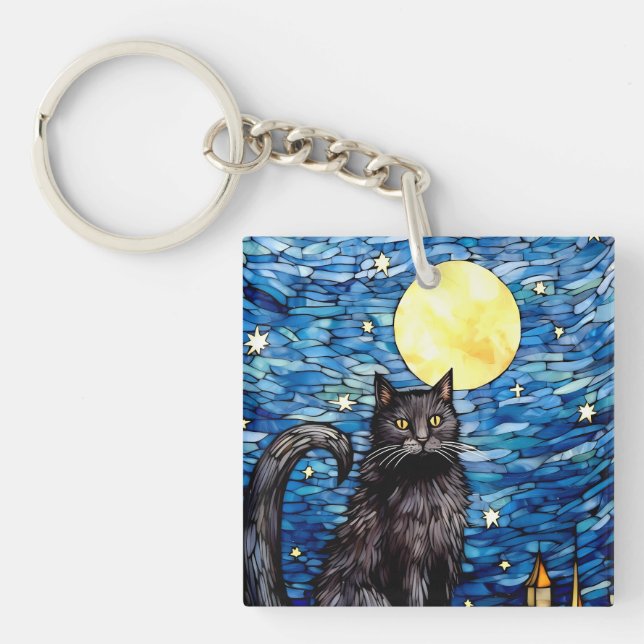 Llavero Noche estrellada de gato negro de vidrio manchado (Frente)