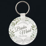 Llavero Nodismaid Elegant Eucalyptus Wreath Boda<br><div class="desc">Estas cadenas están diseñadas para dar como favores a las damas de honor en tu fiesta de bodas. Presentan un diseño de acuarela rústico pintado a mano con una corona de hojas de eucalipto y follaje en tonos de menta, musgo y verde salvia. El texto está escrito en elegantes letras,...</div>