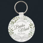 Llavero Nodismaid Elegant Eucalyptus Wreath Boda<br><div class="desc">Estas cadenas están diseñadas para dar como favores a las damas de honor en tu fiesta de bodas. Presentan un diseño de acuarela rústico pintado a mano con una corona de hojas de eucalipto y follaje en tonos de menta, musgo y verde salvia. El texto está escrito en elegantes letras,...</div>