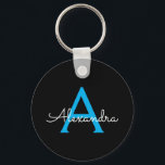 Llavero Nombra de monograma de guión azul negro<br><div class="desc">Cadena de teclas de nombre de monograma simple de script negro y azul (cadena de claves). Esto hace que el dulce perfecto cumpleaños 16,  boda,  ducha de novia,  aniversario,  ducha de bebé o fiesta de soltera sea regalo para alguien que ama el lujo glam y los estilos de moda.</div>