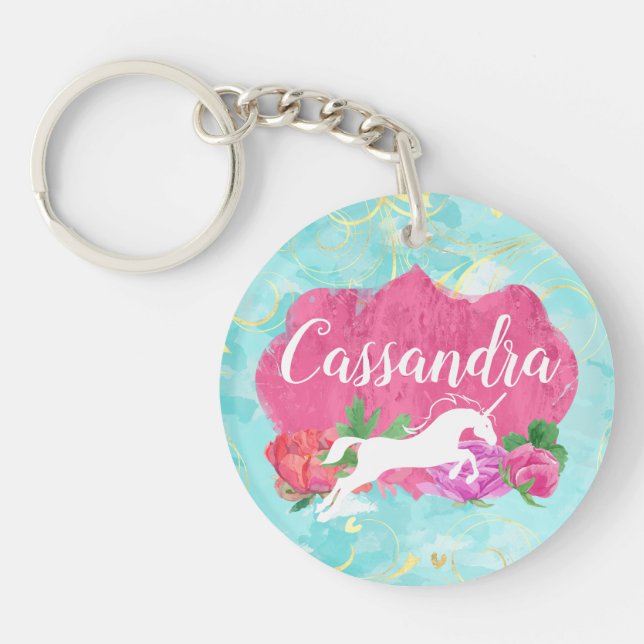 Llavero Nombre de Chicas azul rosa unicornio de flores de  (Frente)