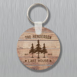 Llavero Nombre de familia Lake House Pine Tree wood Person<br><div class="desc">Este diseño de reuniones familiares Retro es perfecto para que los padres y abuelos se pongan durante un camping en el bosque o un viaje por la montaña. El diseño incluye pinos y un oso contra una bella puesta de sol, creando un aspecto fresco para que todos los hombres, mujeres...</div>