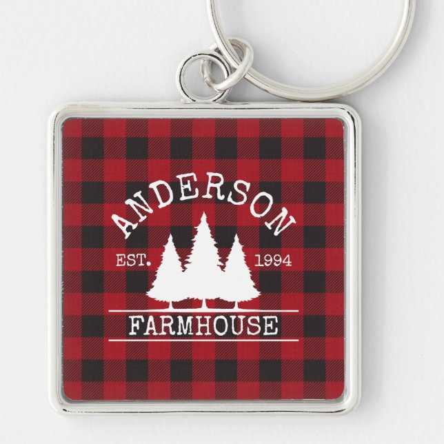 Llavero Nombre de familia Red Buffalo Plaid de Farmhouse (Frente)