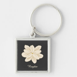 Llavero Nombre de flor blanca jazmín sobre negro