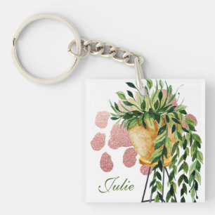 Llavero Nombre de guión de planta de pothos de acuarela 