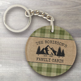Llavero Nombre de la familia Árboles de cabaña Sage Plaid 
