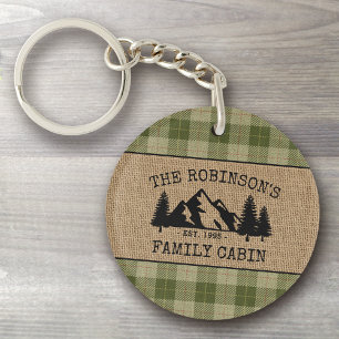 Llavero Nombre de la familia Árboles de cabaña Sage Plaid