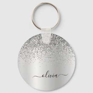 Llavero Nombre de Monograma de Metal Brillo Plateado Glam