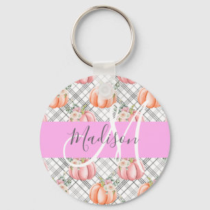 Llavero Nombre de monograma gris floral femenino rosa melo